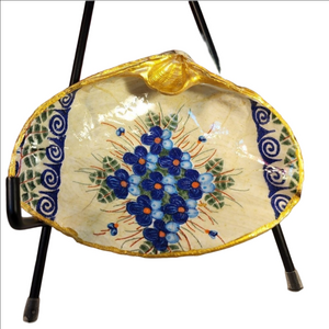DECOUPAGE CLAM SHELL DECOUPAGE BLUE FLOWERS & PRINT TRINKET DISH